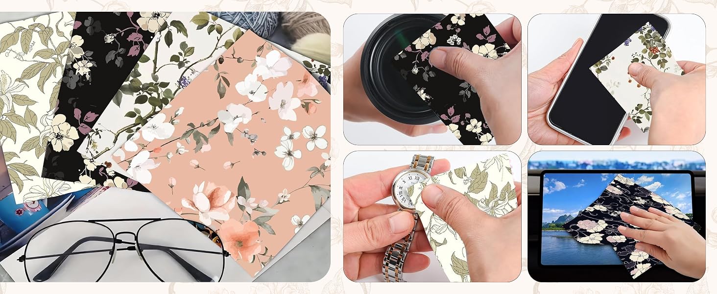 Step-by-step product assembly or maintenance guide shown in multiple panels, featuring black components and white floral elements.