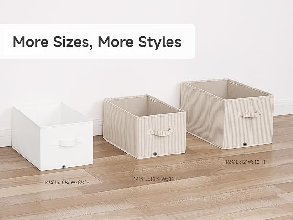 Foldable storage bins with size measurements shown for shelf and closet use.