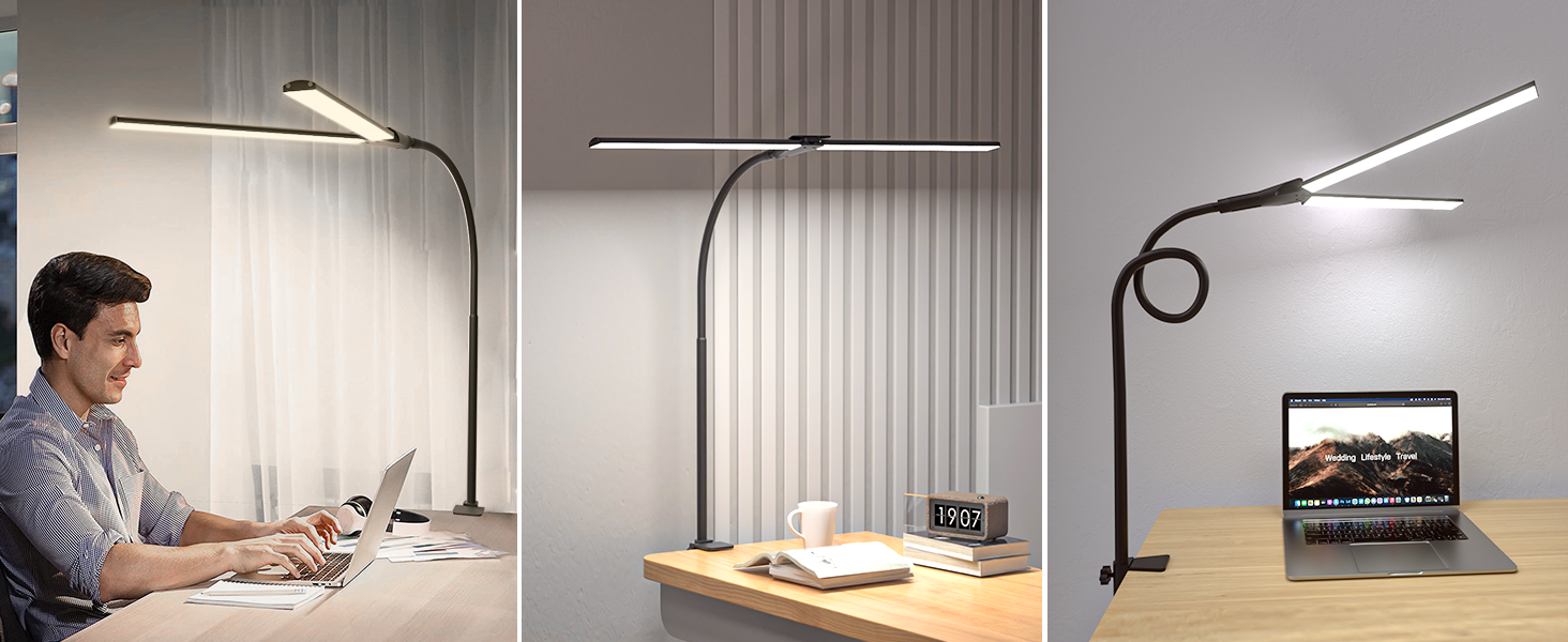 Three desk lamps with adjustable arms shown in different positions, featuring modern design with clip-on bases and LED lighting for workspace illumination.