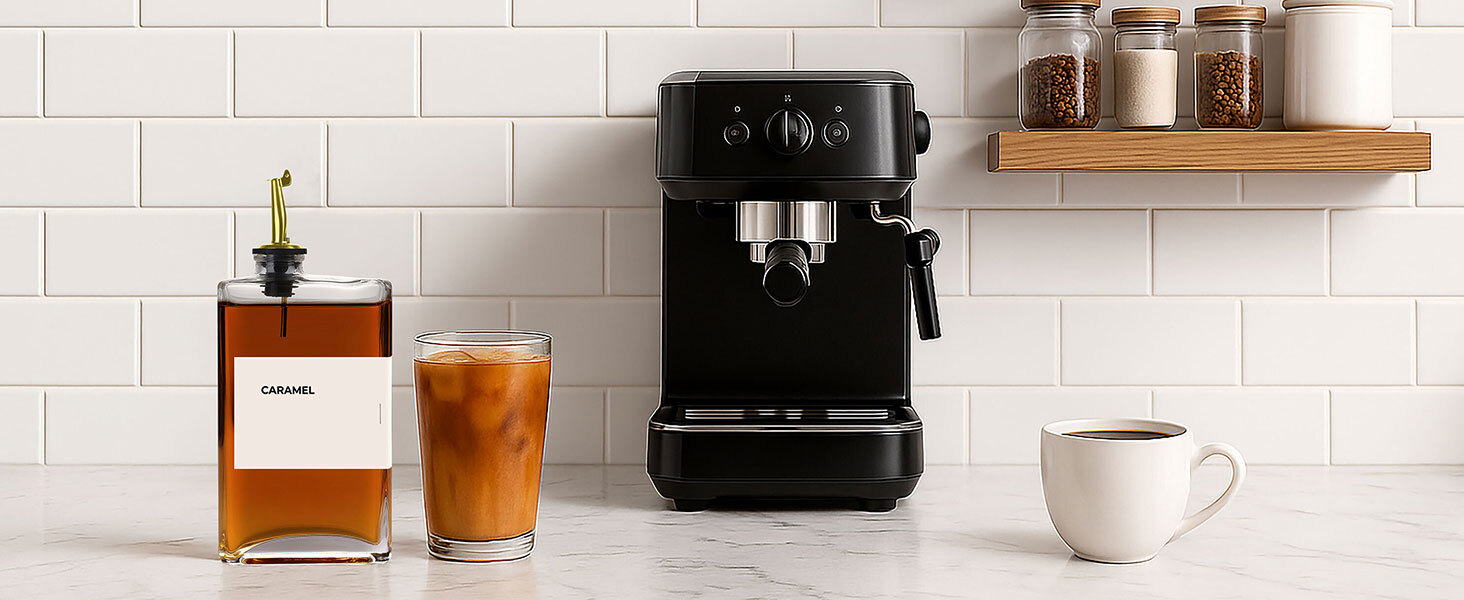 Labeled caramel coffee syrup dispenser next to iced coffee, espresso machine, and coffee cup