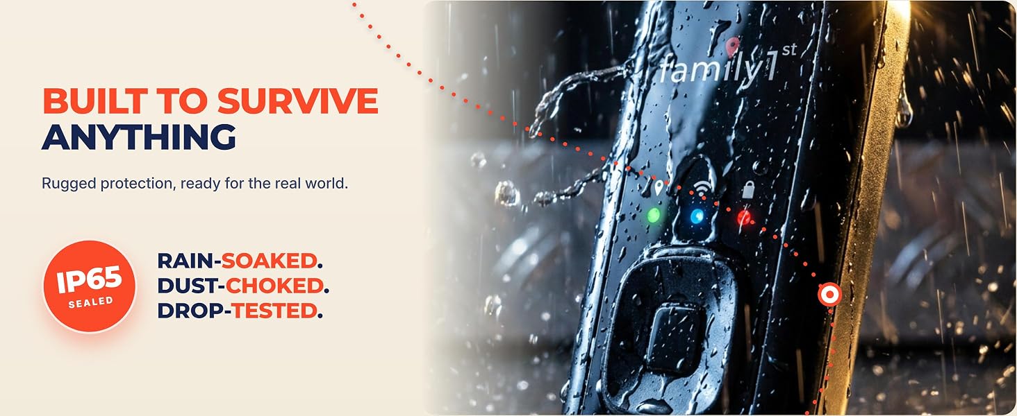 Rugged Family1st GPS tracker in rain, IP65 sealed.