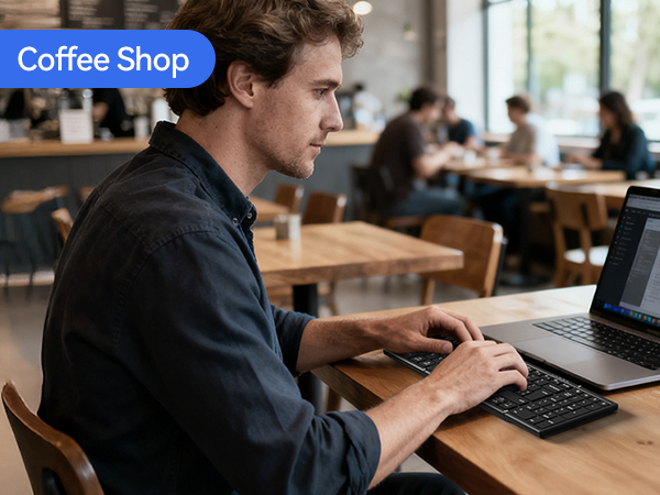 Text reads "Coffee Shop". Man in black shirt typing on laptop keyboard at wooden table in café with blurred patrons and interior background.