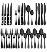 24-Piece Black Silverware Set with Steak Knives, Stainless Steel Flatware Cutlery Set for 4, Spoo...