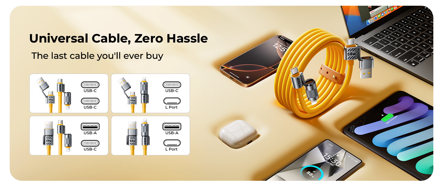 Silicone Multi Cords 4 in 1 USB C Cable Compatible with Lightning Cable 60W Fast Charge