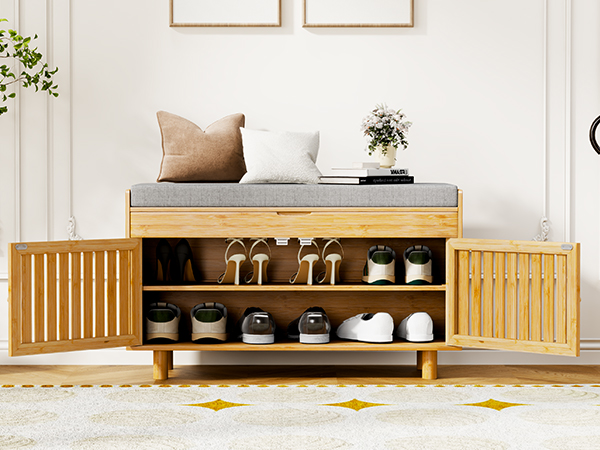 Shoe Storage Bench, Bamboo Entryway Bench with 2 Doors & Padded Seat Cushion