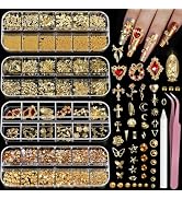 Teenitor Gold Nail Charms and Gems Set, 4 Boxes Nail Gems Nail Pearls Nail Art Tools, 3D Cross Na...