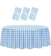 HEIPINIUYE 3 Pack Blue and White Round Checkered Tablecloth 84 × 84 Blue Plaid Table Cover Dispos...
