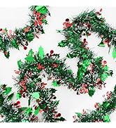 KINGLAKE Christmas Green Red Tinsel Garland,Green Red Berry Christmas Garland,33 Feet Christmas T...