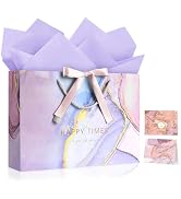 YoungTree Large Gift Bag with Tissue Papers and 1 Greeting Card 2 Color Ribbon, Purple Marble Pat...