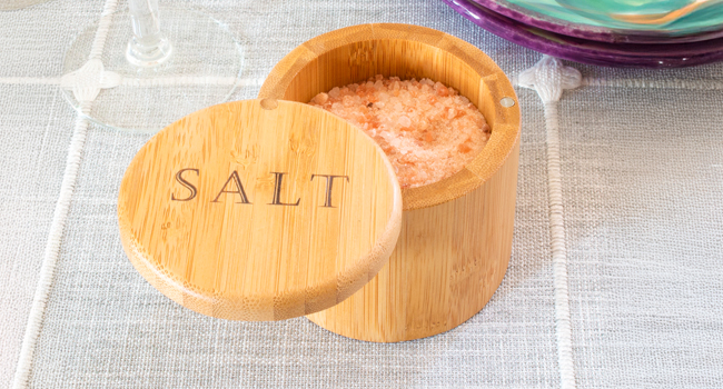 Salt cellar swivel lid open with gourtmet salt inside