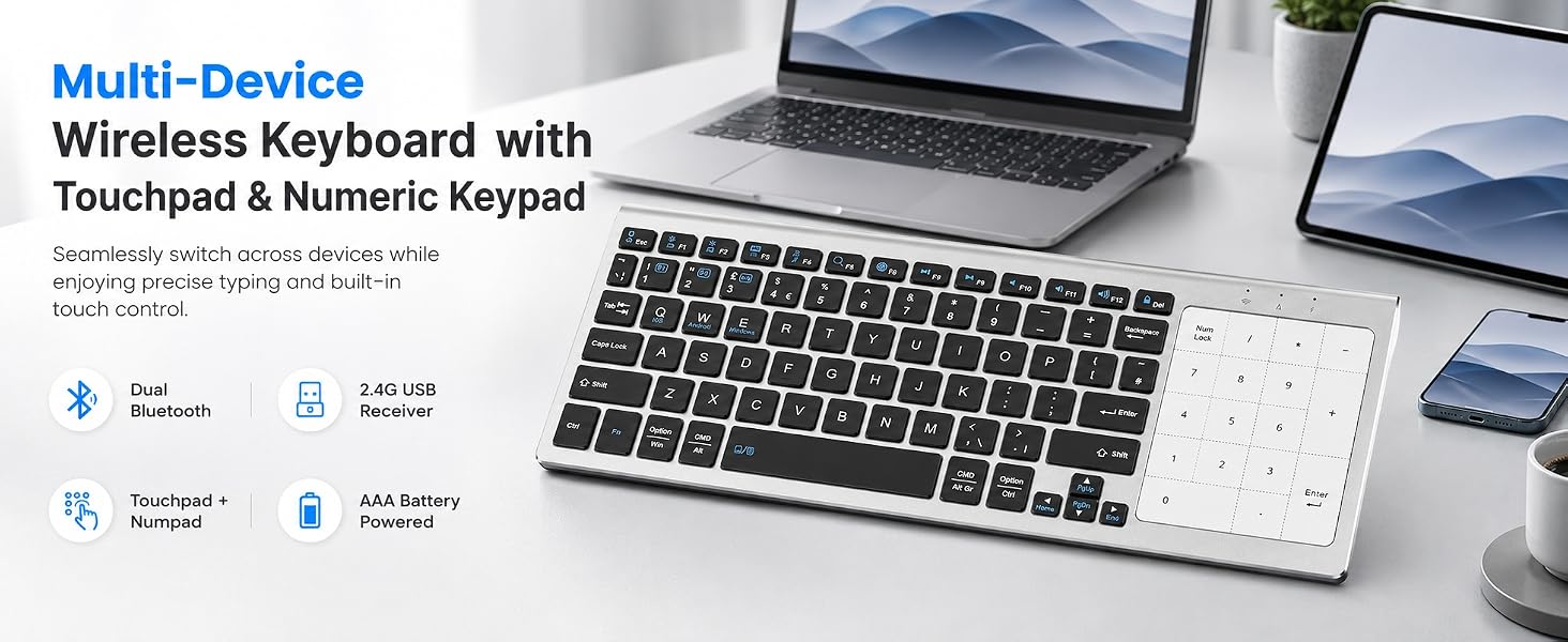 wireless keyboard with touchpad and numeric keypad