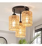 ANWIO 3-Light Boho Ceiling Chandelier, Farmhouse Pendant Light Fixture with 3 Hand-Woven Ratten S...