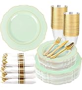 Liacere 175PCS Light Green Plates - Disposable Green and Gold - 25guest Baroque Dinnerware includ...