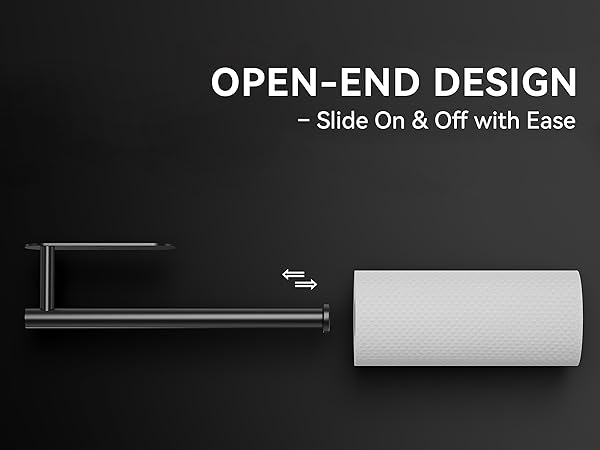 Open-end black paper towel holder with easy slide-on roll replacement design