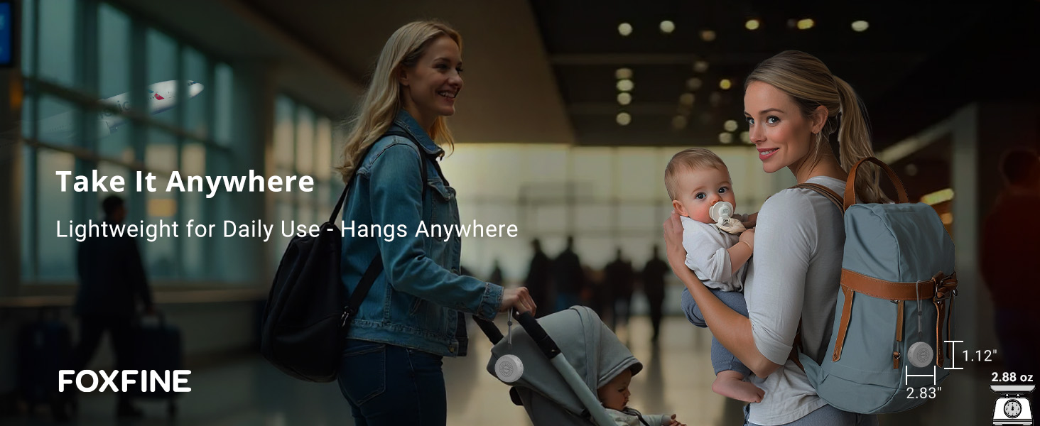 Mom with baby in airport using sound machine, illustrating travel convenience and daily portability