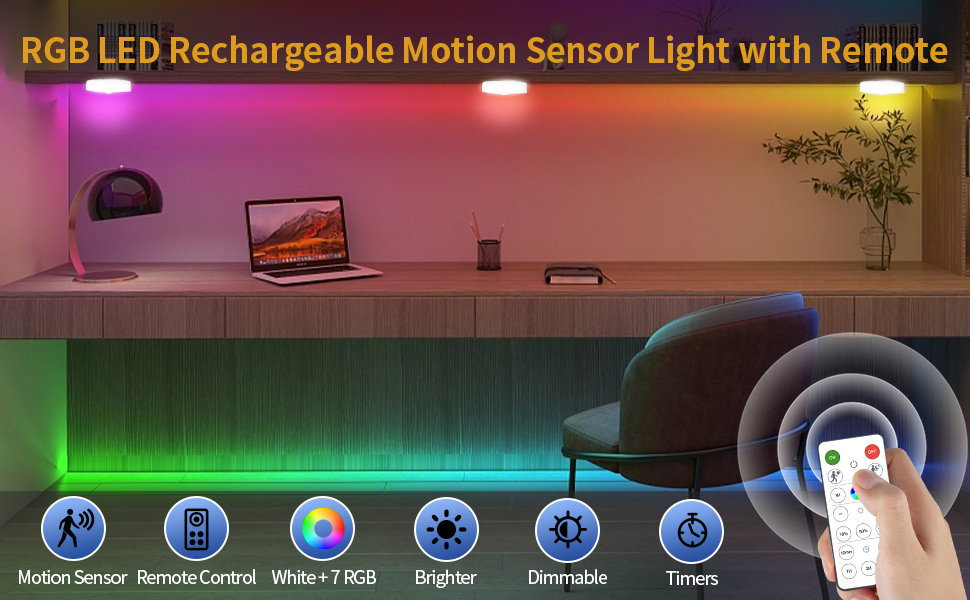 Okerich RGB LED Rechargeable Motion Sensor Nights Light Indoor with Remote
