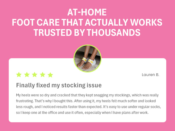 Feet wearing heel mask under socks; 5-star review from Lauren B. on softer heels, no more snagging.