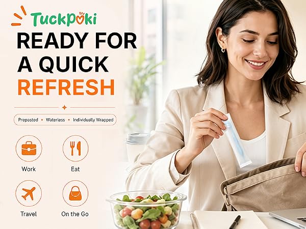 Professional woman placing an individually wrapped TuckPoki toothbrush in her work bag.