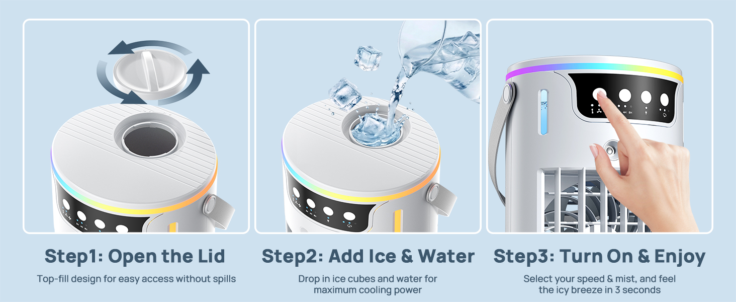 3 steps: open top lid, add ice and water, turn on the desk top ac for instant chill