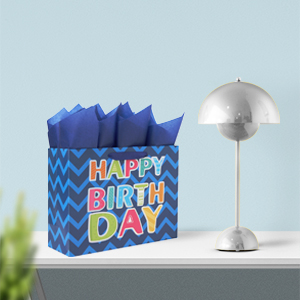 13‘’ Large Blue Laser Foil Happy Birthday' Border Gift Bag Set