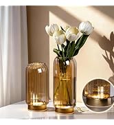 LED Vase with Lights, Flower Vase Set with Timer Battery Operated Decorative Hand Blown Glass Flo...