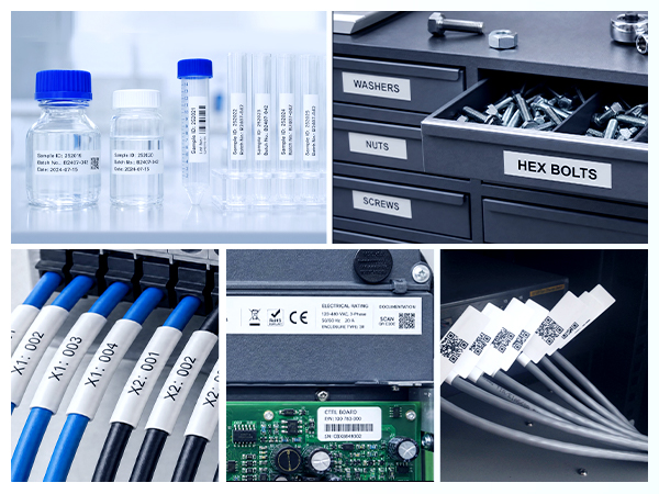 Composite of laboratory and technical components: test tubes with blue caps, labeled containers, drawer storage system labeled 'SOCK DRAWER', organized cables and connectors, circuit board with microchip, and white cable management clips.