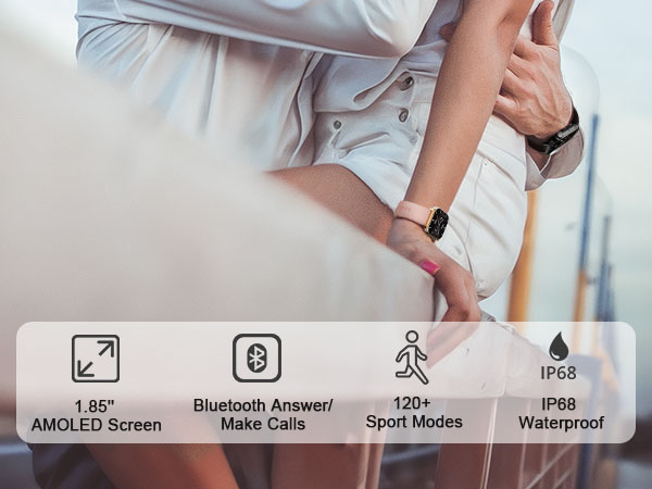 Text reads 'AMOLED Screen', 'Make Calls', 'Sport Modes', 'Waterproof'. Series of icons and interface elements shown on what appears to be a smart device display.