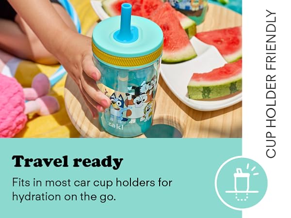 Photo of Bluey Kelso tumbler at picnic with travel friendly feature callout