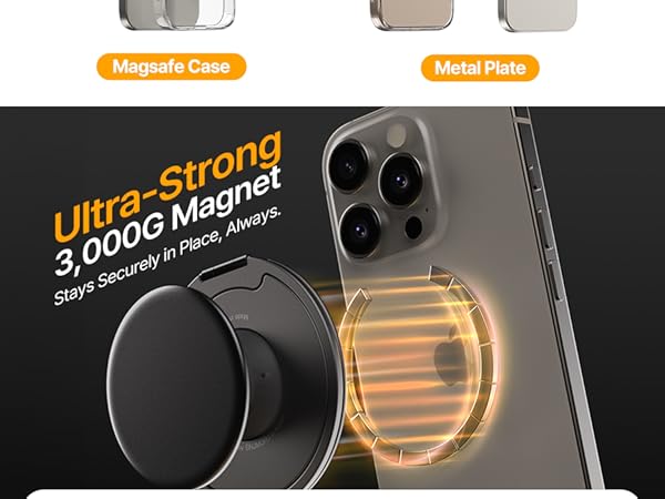 Text reads 'Magnetic Case', 'Metal Plate'. Three case color options (silver, beige, white) shown above product demonstrating circular black magnetic phone ring with glowing orange magnetic coil attached to smartphone camera area.