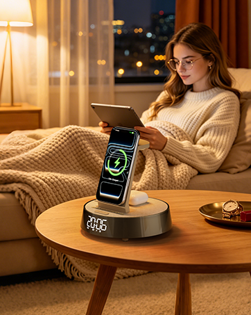 6 in 1 Wireless Charging Station with Alarm Clock