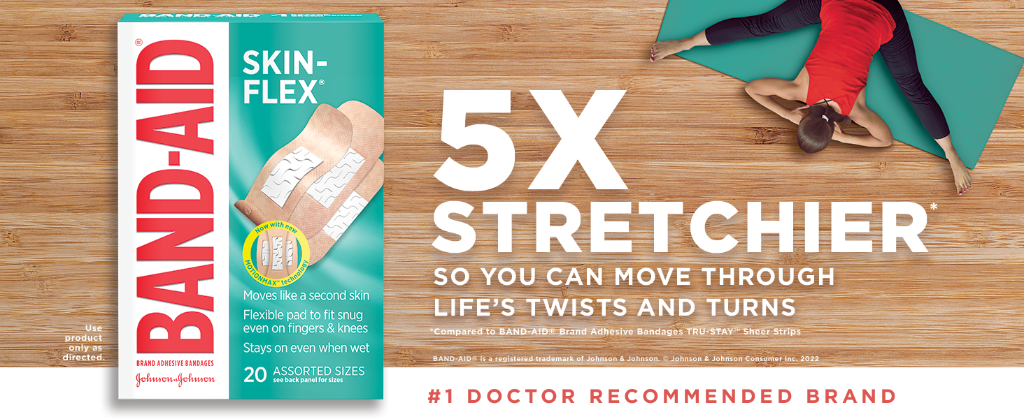 Band-Aid Brand Skin Flex packaging over an image of a woman doing yoga
