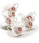 Pumtus 6 Pack Tea Cups and Saucers, 8 OZ Floral Ceramic Coffee Cup Set with Spoon, Vintage Rose B...