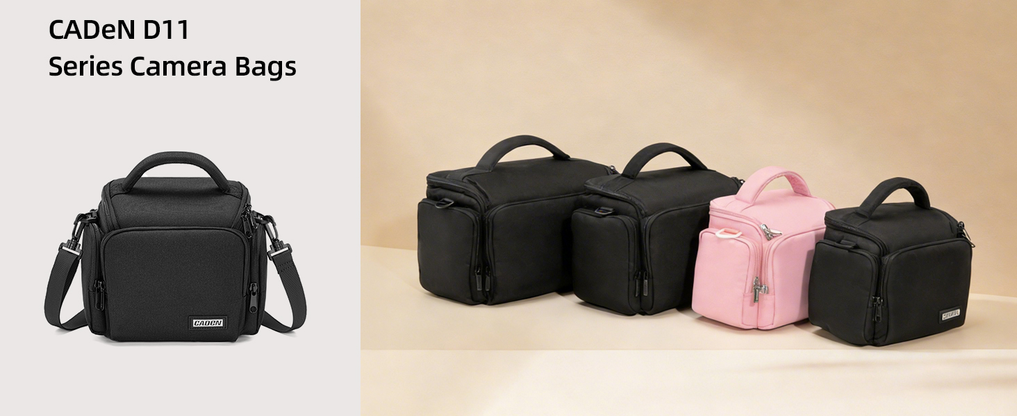 Collection of camera bags in various styles and colors including black and pink. Multiple product views showing different carrying positions and storage compartments.