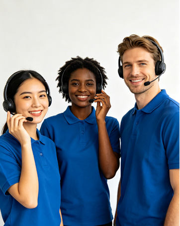 Three people wearing matching blue polo shirts with collars, posing together with hands near faces in professional customer service or hospitality context.