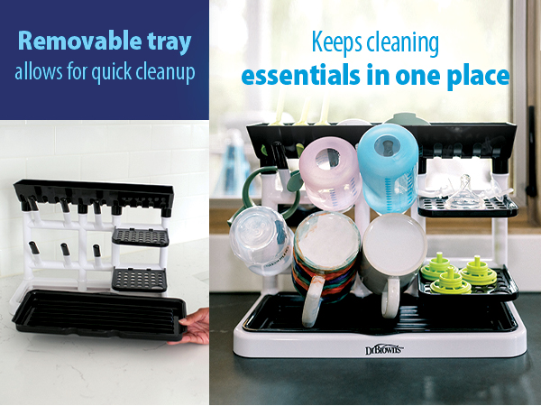 Removable tray allows for quick cleanup keeps cleaning essentials in one place