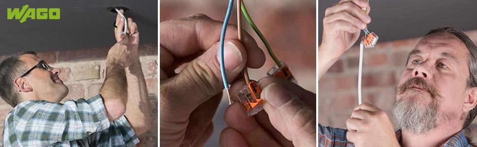 Wago 221 Series lever nut wire connectors wire splicing in use