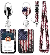 Badge Holder Lanyard American Flag Badge Reel ID Card Holders Detachable Name Tag Clips Cute Funn...