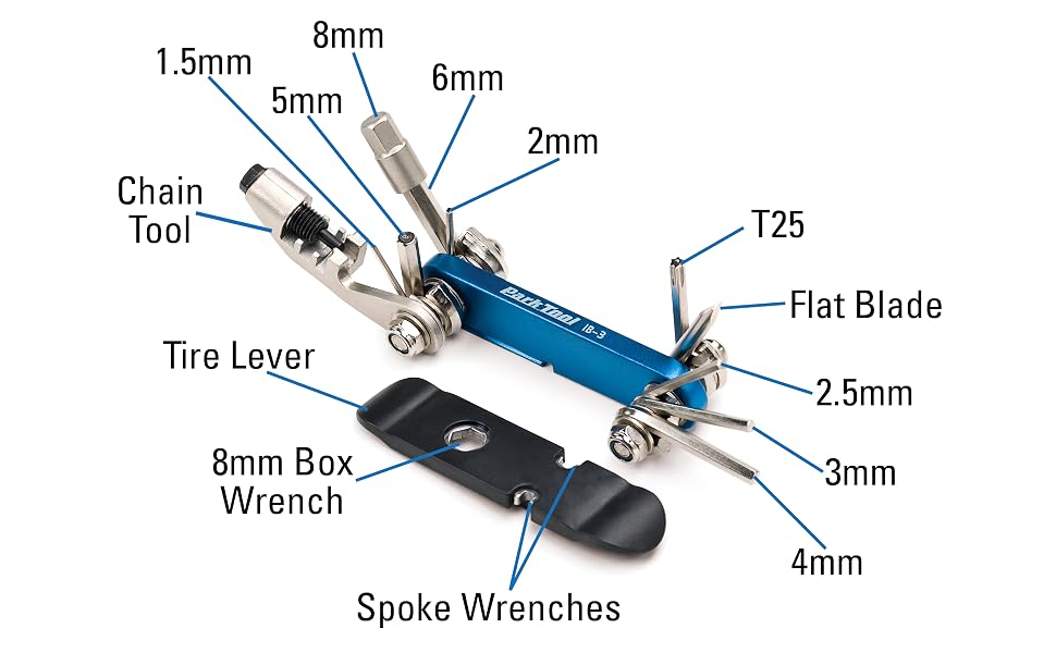 Park Tool IB-3 I-Beam multitool with hex and screwdrivers labeled