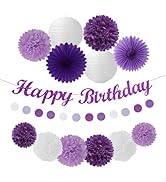 Purple White Birthday Party-Decorations Paper-Flowers - 14pcs Happy Banner Lavender Lanterns Tiss...