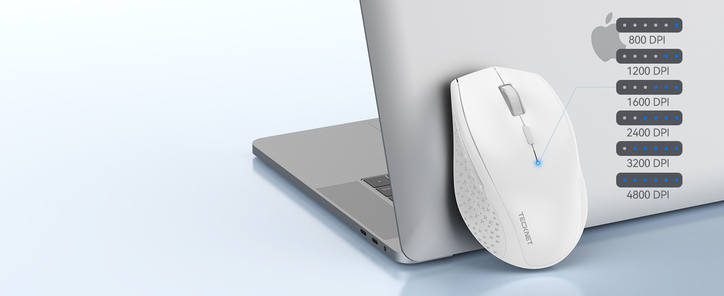 White wireless computer mouse next to a laptop, with DPI settings displayed on the right side ranging from 800 to 4000.