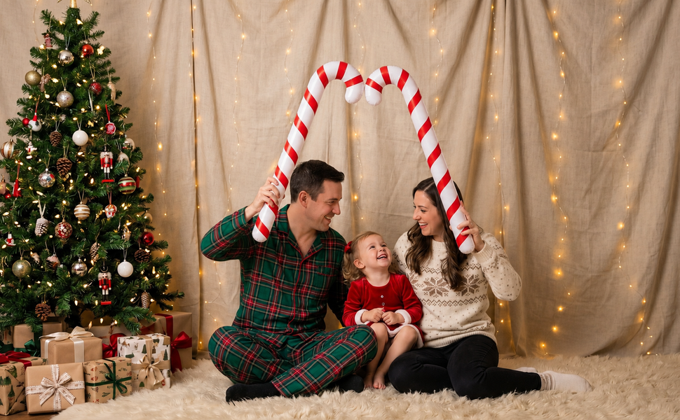 Family Christmas living room with candy cane balloons, tree, gifts and string lights