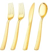 KIRE 400PCS Gold Plastic Silverware - Extra Heavy Duty Hammered Silverware Disposable Set, Gold U...