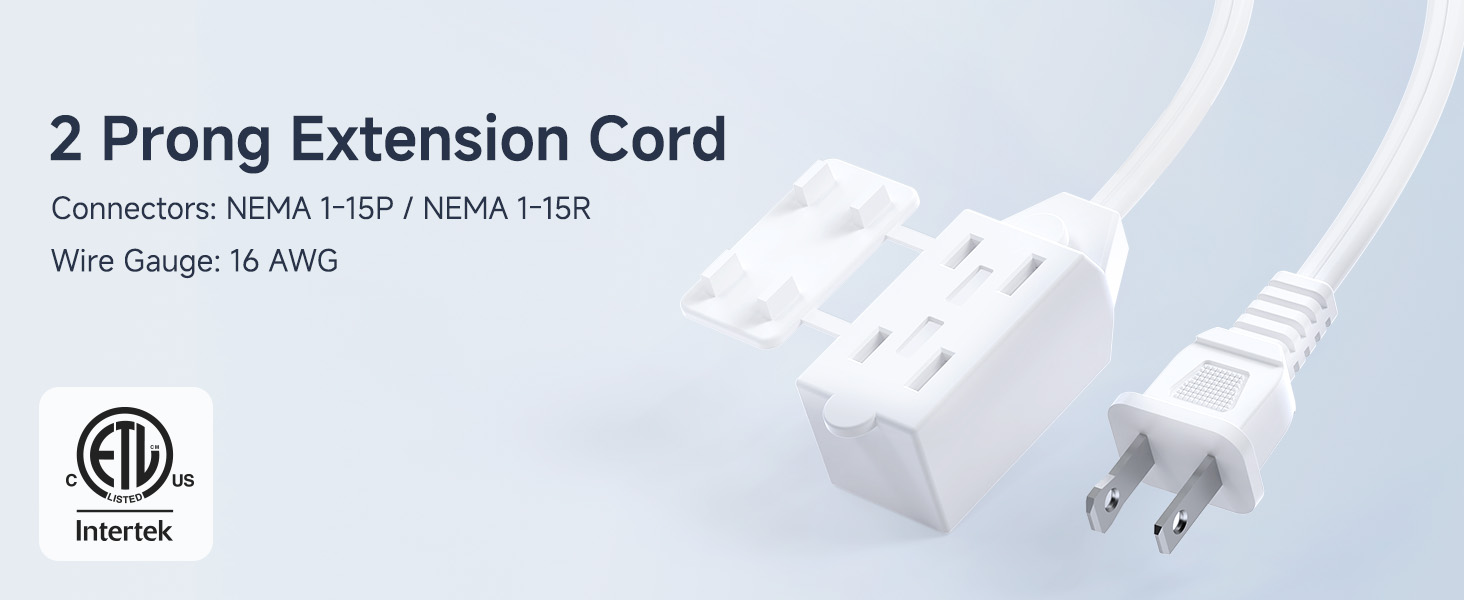 2-Pack 16 AWG 2 Prong Extension Cord 6 ft, 13A 3-Outlet Extension Cords with Tamper Guard, 13 Amp