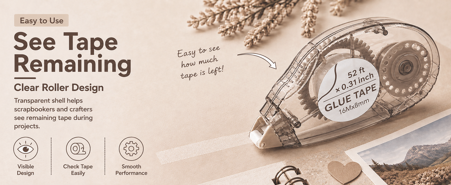 Clear tape roller showing tape left beside journals, cards, scrapbook pages and photo projects