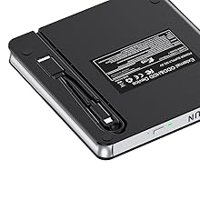 External DVD drive unit shown from an angle, displaying the bottom panel with technical specifications and a sliding mechanism in black and silver finish.