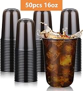 KesaPlan 50 Pcs Black Plastic Cups, 16oz Disposable Stemless Wine Glasses for Cocktail Cute Clear...