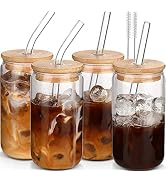 DWTS DANWEITESI Glass Cups with Lids and Straws 4 pcs,16oz Drinking Glasses Set for Coffee Bar Ac...