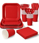 Vyntra Red Square Paper Plates and Napkins Set, 350 Pcs Disposable Party Tableware, 7 & 9 Inch Pa...