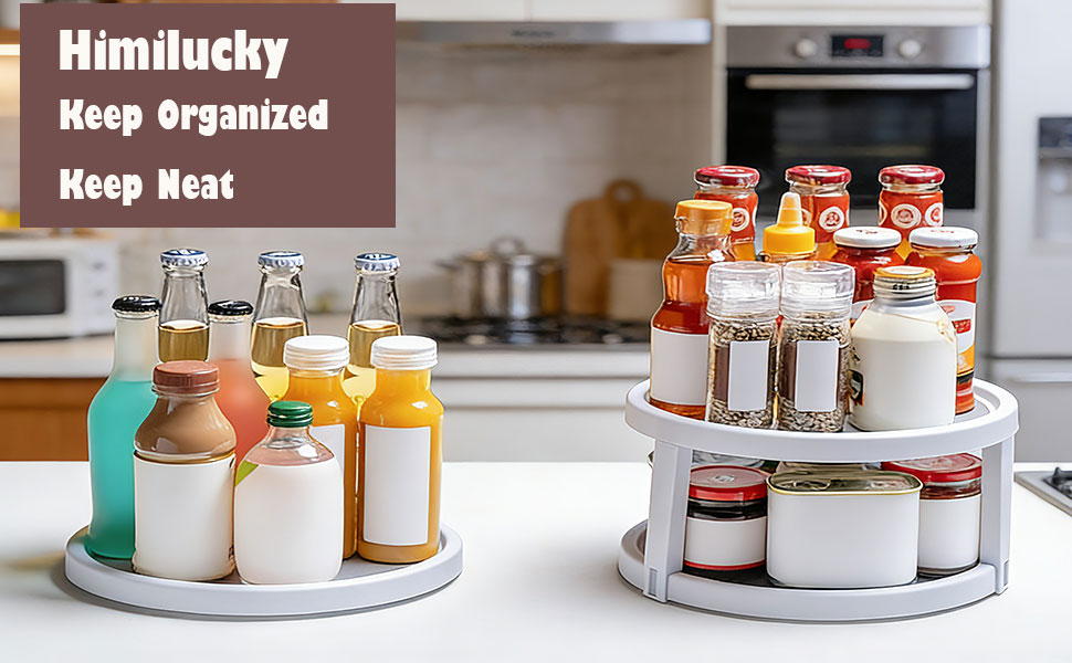 Text reads 'Himlucky Keep Organized Keep Real'. Two-tier rotating organizer holding various labeled jars and containers in a kitchen setting.