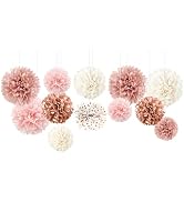 AOBKIAT Wedding Decorations Tissue Paper Pom Poms - 12 PCS Rose Gold Pink White Paper Flower Pom ...